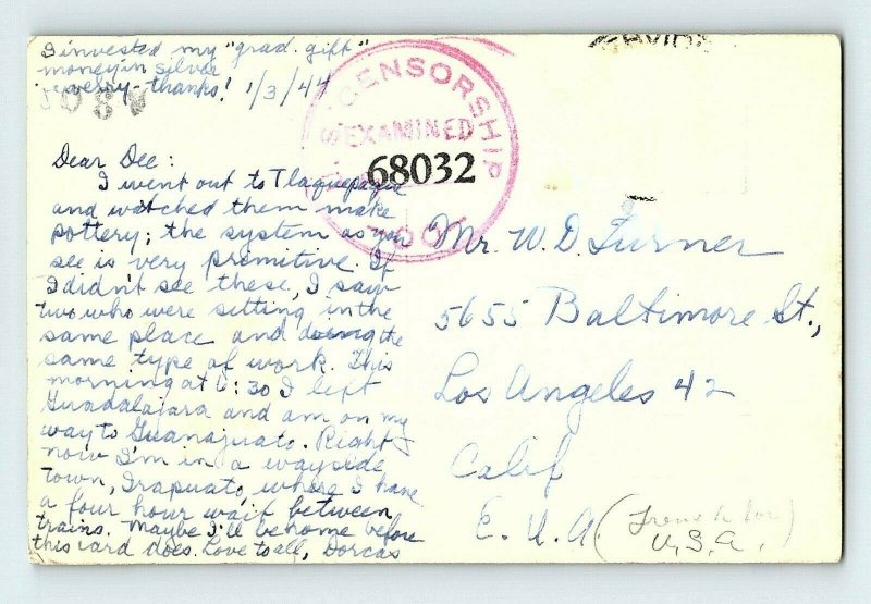 RPPC U.S. Censorship Cancel San Pedro Tlaquepaque, Jal. Postcard P151 