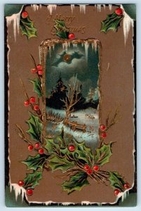 c1910's Christmas Holly Berries Winter Scene Embossed Antique Posted Postcard