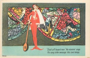 Art Deco Greeting Christmas Postcard Stecher W553 Minstrel Sings Good Will