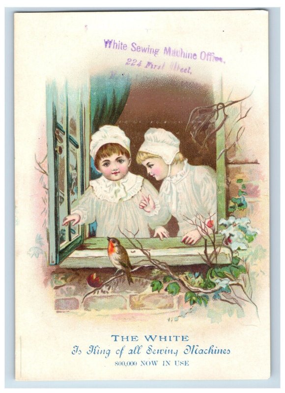 1870's-80's Lovely Big White Sewing Machine Girls Birds Victorian Trade Card 5S