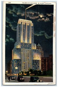 Chicago Illinois IL Postcard Palmolive Building By Night Scene 1930 Vintage Cars