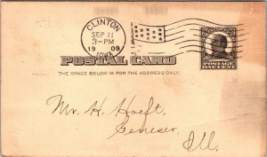 Postal Card UX19 McKinley 1908 Flag Cancel Clinton IA Clinton Saddlrey