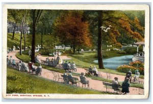 c1920 Scenic View City Park Bench Crowd Trees Saratoga Springs New York Postcard