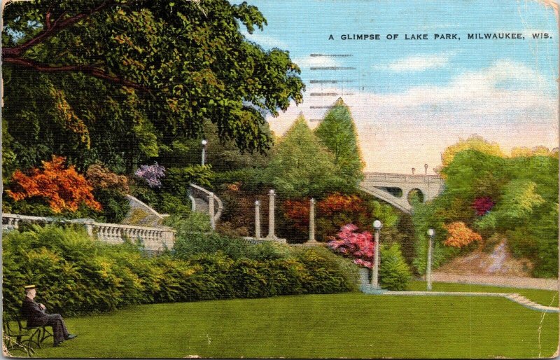 Lake Park Milwaukee Wisconsin Bay Linen Flowers Cancel 1943 PM Vintage Postcard 