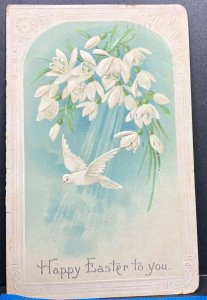 Easter Greeting Blue White Dove Flowers 1911 Antique Postcard