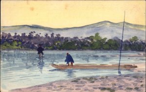 Handmade Japanese Scene Hand Painted River & Raft c1905 Postcard