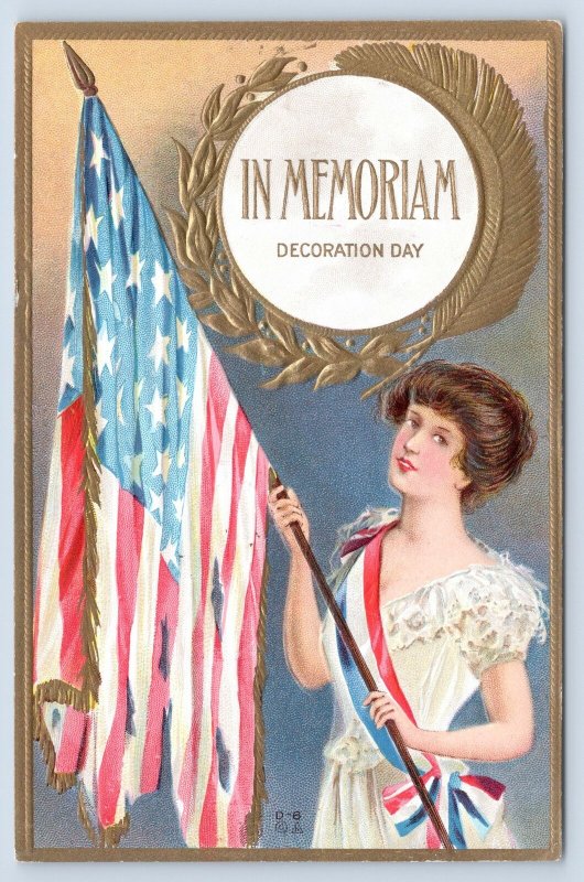 Patriotic~In Memoriam Decoration Day~Lovely Brunette Lady~Battle Torn Flag~NASH 