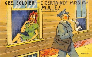 Military Comic REDHEAD BEAUTY & MAILMAN Soldier~I Miss My Male! ca1940s Postcard