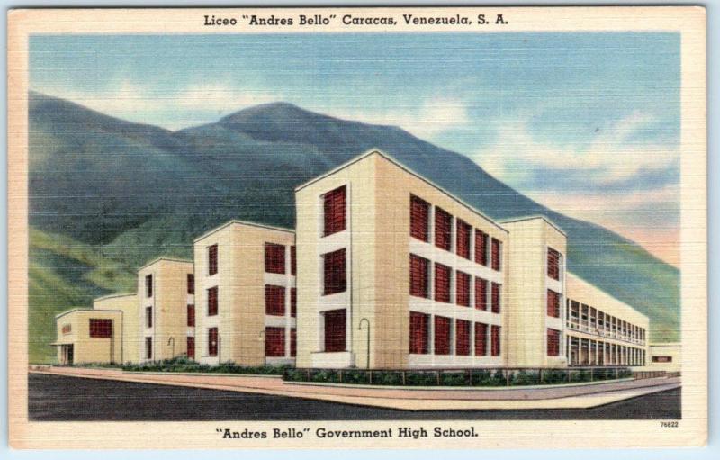 CARACAS, VENEZUELA  Andres Bello  GOVERNMENT HIGH SCHOOL c1940s Linen Postcard