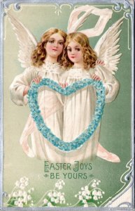 Postcard Easter Joys be Yours - Children Angels holding blue Flower heart