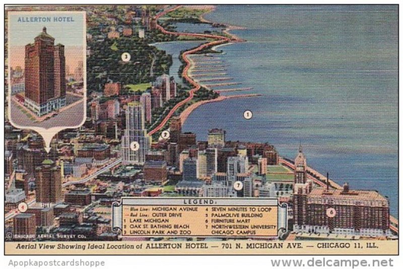 Illinois Chicago Aerial View Showing Ideal Location Of Allerton Hotel 1941 Cu...