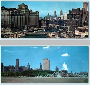 2 Long Postcards CHICAGO, Illinois IL ~ SKYLINE, CHICAGO RIVER Fountain c1950s