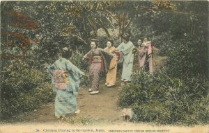 Japan Children playing Garden Hand colored American Missionary Postcard 22-5092