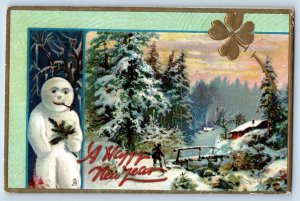 New Year Postcard Snowman With Pipe Holly Berries Winter Scene Embossed Tuck