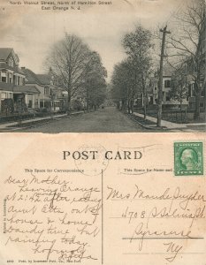 EAST ORANGE N.J. NORTH WALNUT STREET N. OF HAMILTON STR. 1919 ANTIQUE POSTCARD