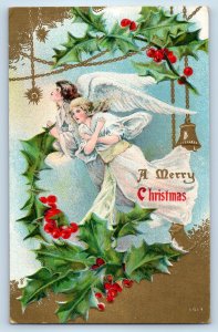 1910 Christmas Angels Bell And Holly Berries Embossed Albert Lea MN Postcard
