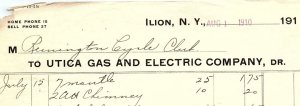 1910 ILION NY UTICA GAS AND ELECTRIC COMPANY REMINGTON CYCLE CLUB BILLHEAD Z4646