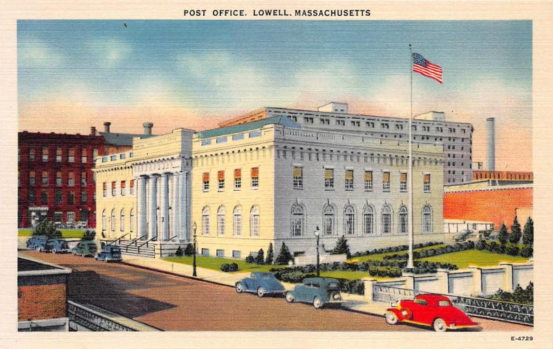 Post Office, Lowell, Massachusetts, early linen postcard, unused