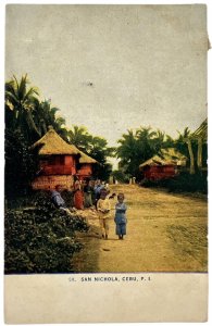 Antique PMK 1909 Postcard Real Photo San Nichola Cebu Philippines Children Huts