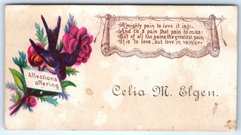 c1880s Celia Elgen Calling Trade Card w/ Love Poem Litho Flower Bird Visit C3