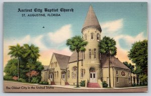 St Augustine Florida~Ancient City Baptist Church~Round Coned Tower~Vtg Linen PC
