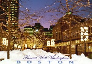 Vintage Postcard Winter at Faneuil Hall Marketplace Cheery Lights Boston MA