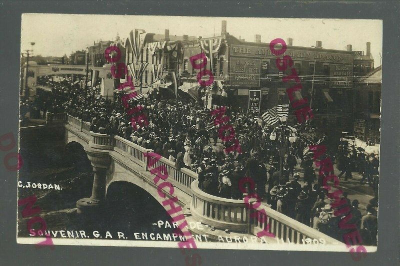 Aurora ILLINOIS RPPC 1909 G.A.R. PARADE Civil War Veterans ENCAMPMENT Crowd 