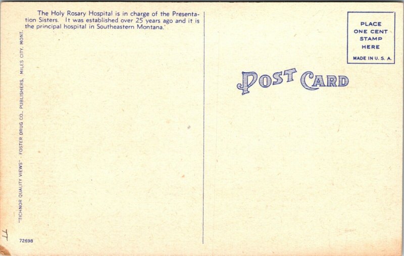 Holy Rosary Hospital Miles City Montana MT Postcard Foster Drug Pub UNP Linen