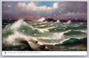 TUCK~Brighton England~New Palace Pier~Rough Seas~Waves~Seagulls~c1910 Postcard
