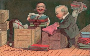 1880s-90s Men Unpacking Goods Linens Trade Card