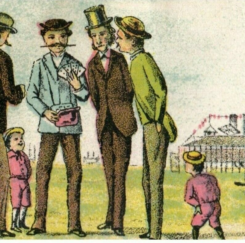 1870's Men Illegally Gambling Coney Island Scene Trade Card P95