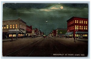1915 Broadway At Night Moon Trolley Scene Gary Fort Wayne Indiana IN Postcard