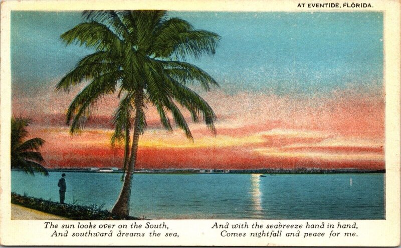 Sunset Eventide Florida FL Poem Front Man Viewing Palm Tree Postcard Unused UNP 