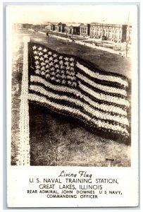1948 Living Flag US Naval Training Station Great Lakes IL RPPC Photo Postcard