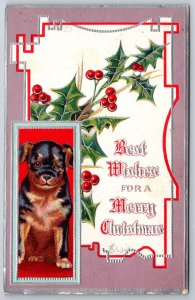 Christmas~Smiling Black & Brown Puppy Dog Inset~Holly Berry~Silver Filigree~1909