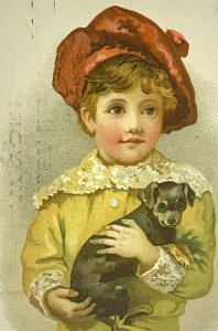 c.1880s C. Kenyon Pettit Co Successor Childrens Clothing Boy Dog Puppy Red Hat