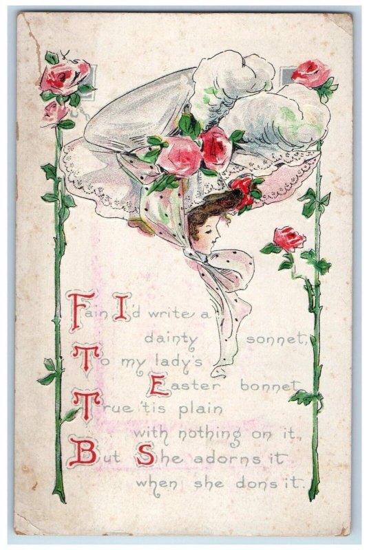 1912 Eater Pretty Woman Big Bonnet Flowers Embossed Baltimore MD Posted Postcard 