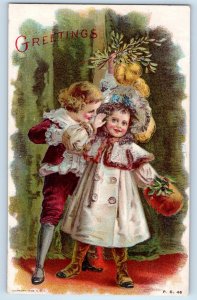 c1910's Greetings Children With Mistletoe Handwarmer Berries Antique Postcard