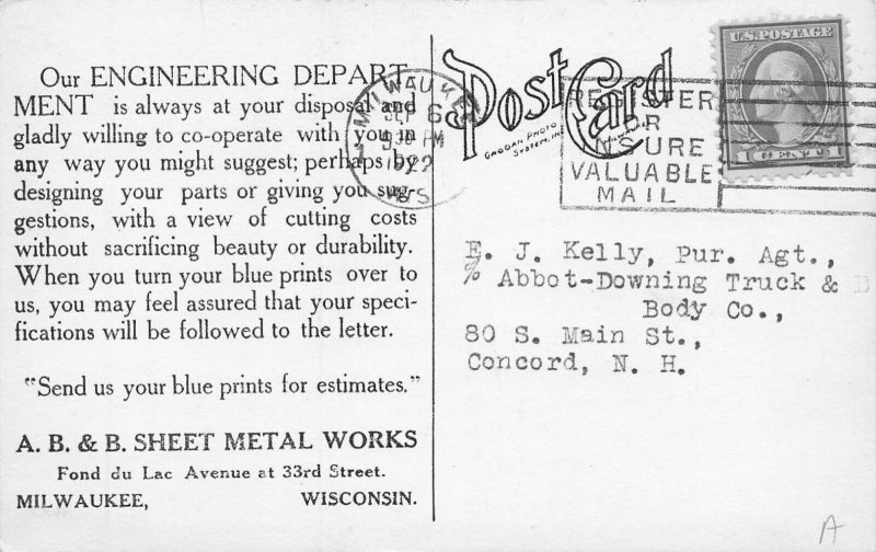 Milwaukee WI A. B. & B. Sheet Metal Works 1922 September Calendar Postcard