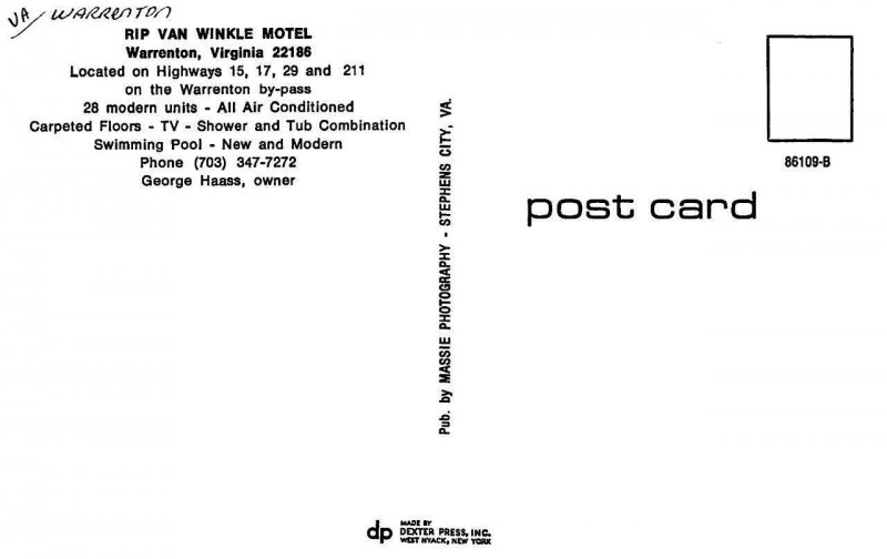 Warrenton, VA Virginia   RIP VAN WINKLE MOTEL~George Haass  ROADSIDE   Postcard