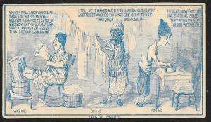 VICTORIAN TRADE CARD Quick Work Soap Blue Cartoon Three Woman Doing Laundry