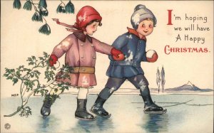 MEP Christmas Stecher735E Girl and Boy Ice Skating Holding Hands Vintage PC