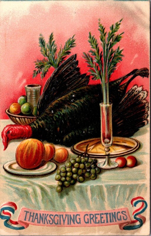 Thanksgiving Postcard Turkey Laying on a Table with Fruits and Vegetables
