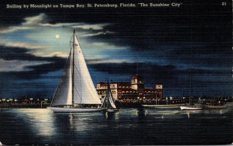 Florida St Petersburg Sailing By Monlight On Tampa Bay 1946