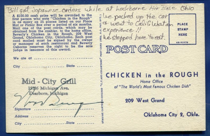 Chicken in the Rough Mid-City Grill Dearborn Michigan old linen postcard