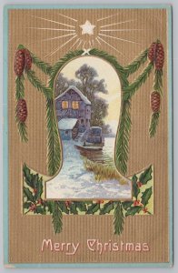 Gold Linen~Merry Christmas~House~Winter~Pine Cones & Holly Berries~#158~Vtg PC