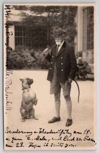 RPPC Gentleman Showing Off His Pit Bull Dog Sitting Up Pretty Postcard L44