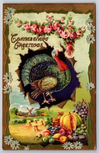 Thanksgiving~Turkey Breaks Thru Farm Scene~Windmill~Gold~Emboss~1910 Gottschalk