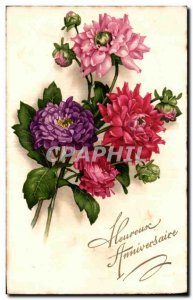 Old Postcard Fantasy Flowers Happy Birthday