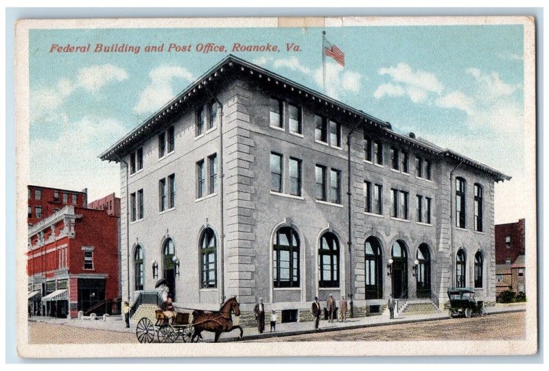 1916 Federal Building And Post Office Horse Wagon Roanoke Virginia VA Postcard